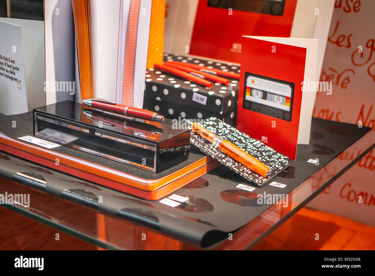Geneva, Switzerland, Mar 2019 stylish stationery Papeterie Brachard store, office accessories, color paper, clips, pencils, price on display for sale Stock Photo