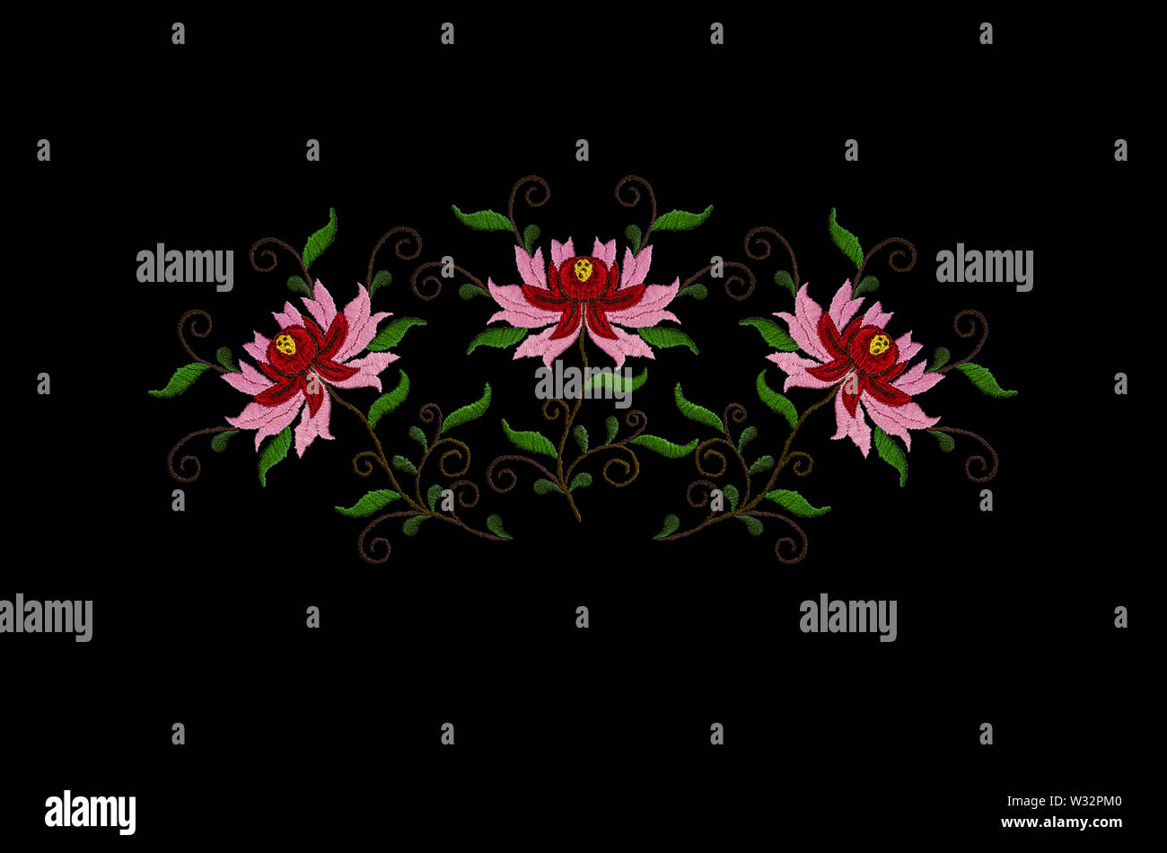 Black background with three bright embroidered stylized flowers with ...