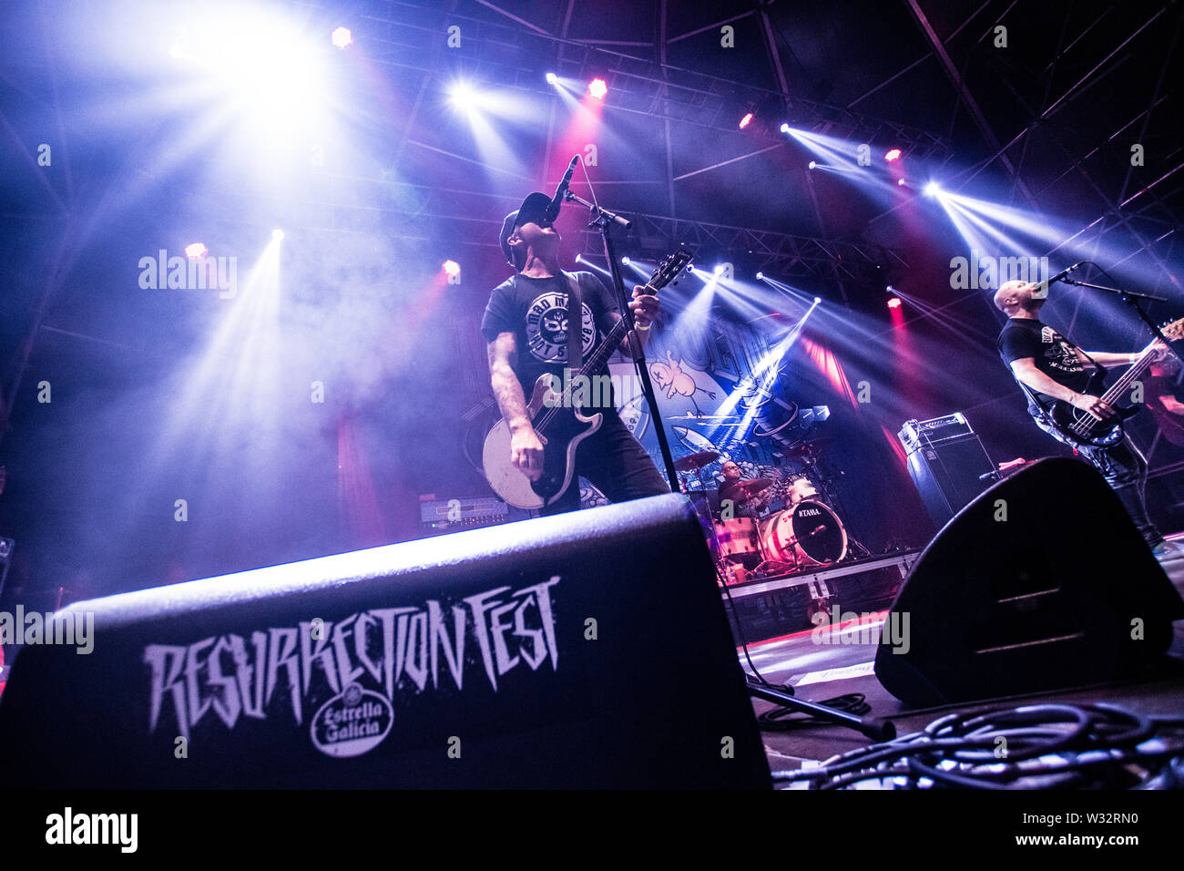 Millencolin band perform during the Resurrection Fest music festival in Viveiro, northern Spain.Resurrection Fest is a music festival of extreme music, metal, hardcore, punk, stoner and doom. This was the 14th edition. It featured international bands like Slipknot, Slayer, Parkway Drive, Brant Bjork, Radio Moscow, Within Temptation, Lamb of God or King Diamond. Stock Photo