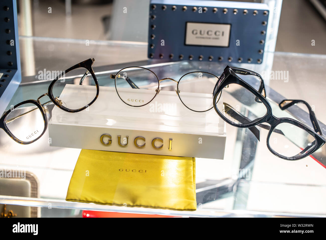 Geneva, March 2019, Gucci sunglasses on display for sale, Eyewear  Collections, Elegant, timeless original Gucci glasses created for men and  women Stock Photo - Alamy