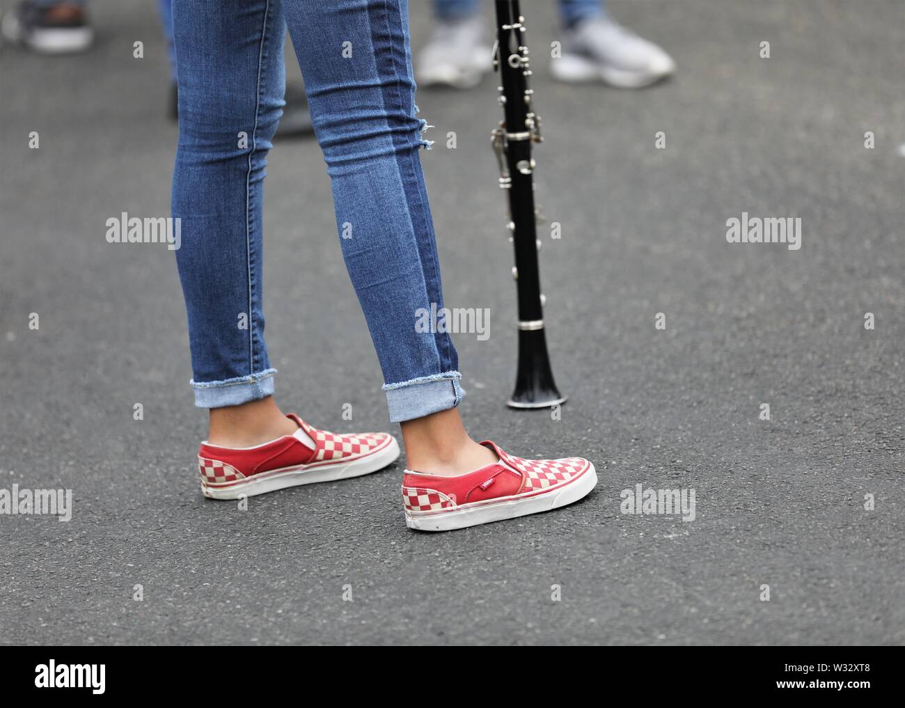 High school teenagers in real marching band at Elks Parade Stock Photo