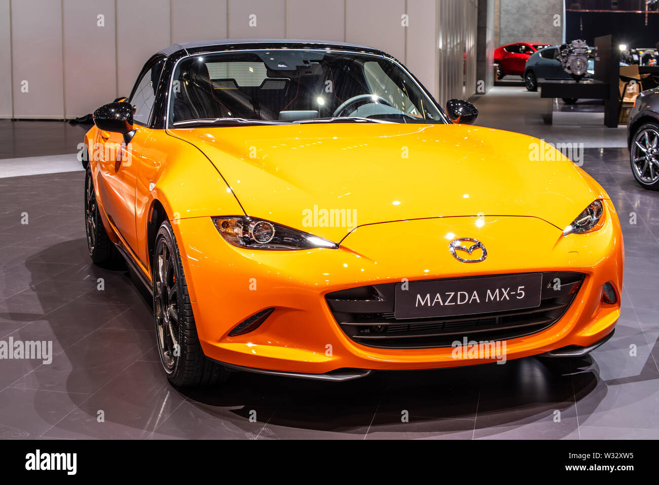 Geneva, Switzerland, March 2019 orange Mazda MX-5, Geneva International  Motor Show, 4th gen, ND2, lightweight two-passenger roadster by Mazda Stock  Photo - Alamy