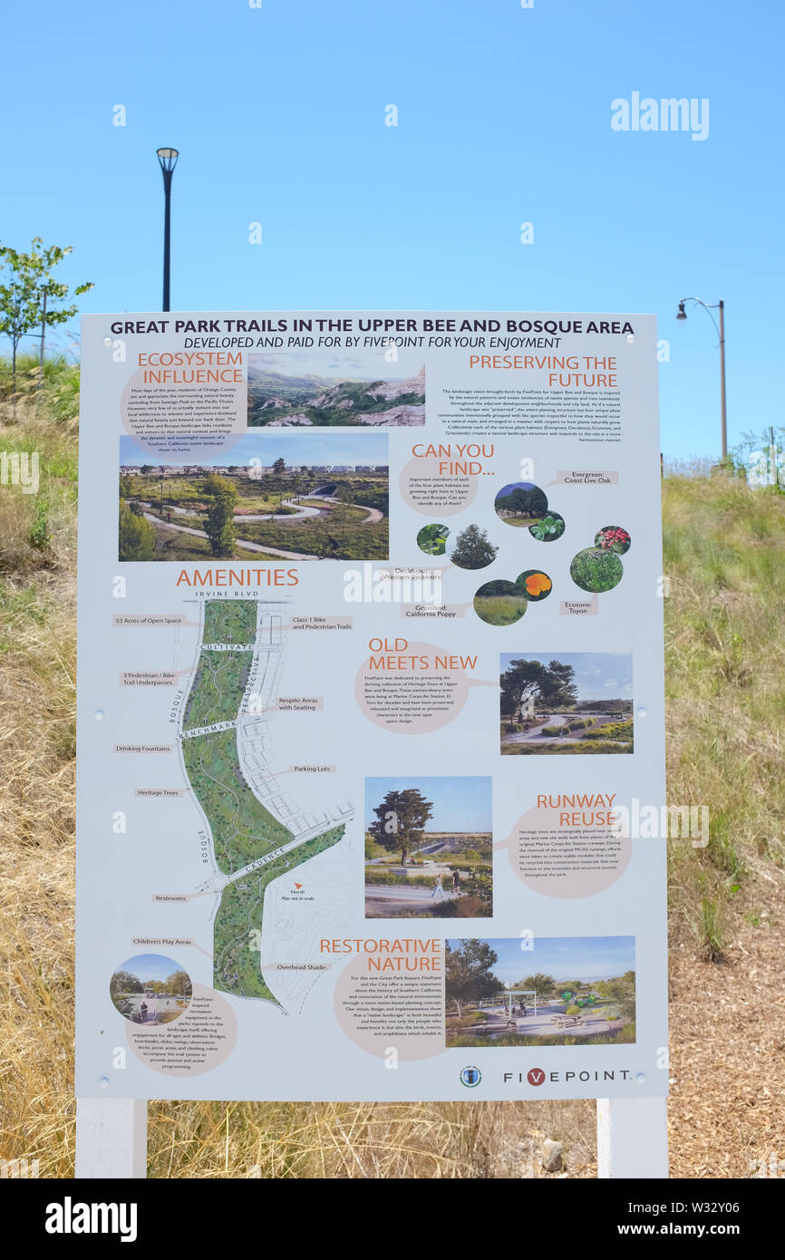 IRIVNE, CALIFORNIA - JULY 11, 2019: Great Park Bosque Area Trail Map and information sign, Signs are placed strategically throughout the region. Stock Photo