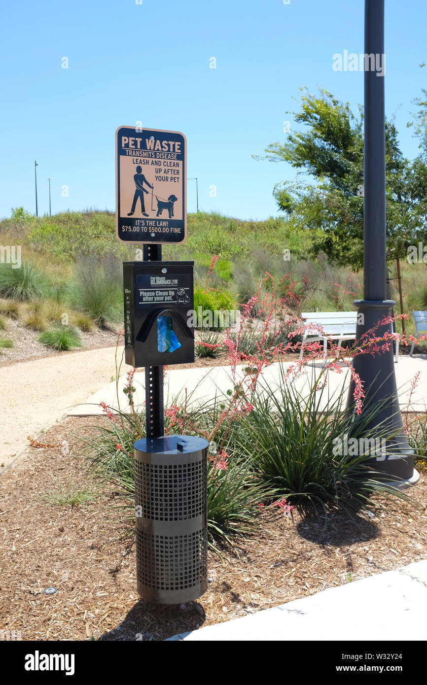IRIVNE, CALIFORNIA - JULY 11, 2019: Pet Waste Station - several stations are located in the Bosque open space area of the Great Park. Stock Photo