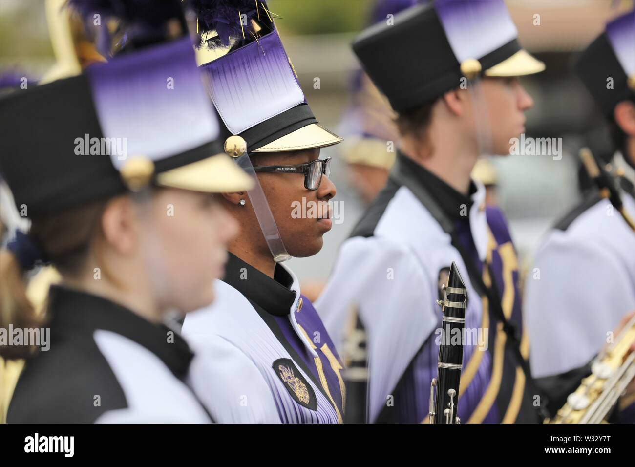 High school teenagers in real marching band at Elks Parade Stock Photo