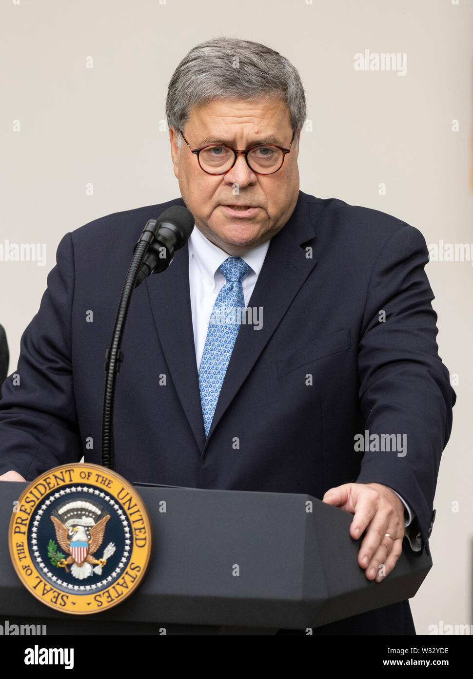 United States Attorney General William P. Barr speaks after US President Donald J. Trump delivered remarks on citizenship and the census in the Rose Garden of the White House in Washington, DC on Thursday, July 11, 2019.Credit: Ron Sachs/CNP | usage worldwide Stock Photo