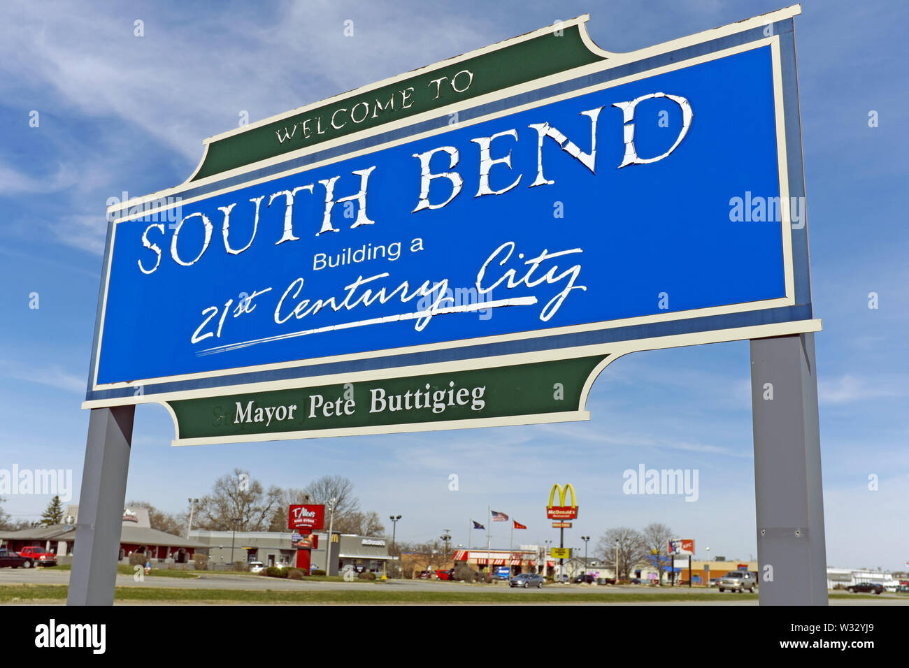 The 'Welcome to South Bend Building a 21st Century City' sign with the name of the mayor, Mayor Pete Buttigieg, underneath. Stock Photo