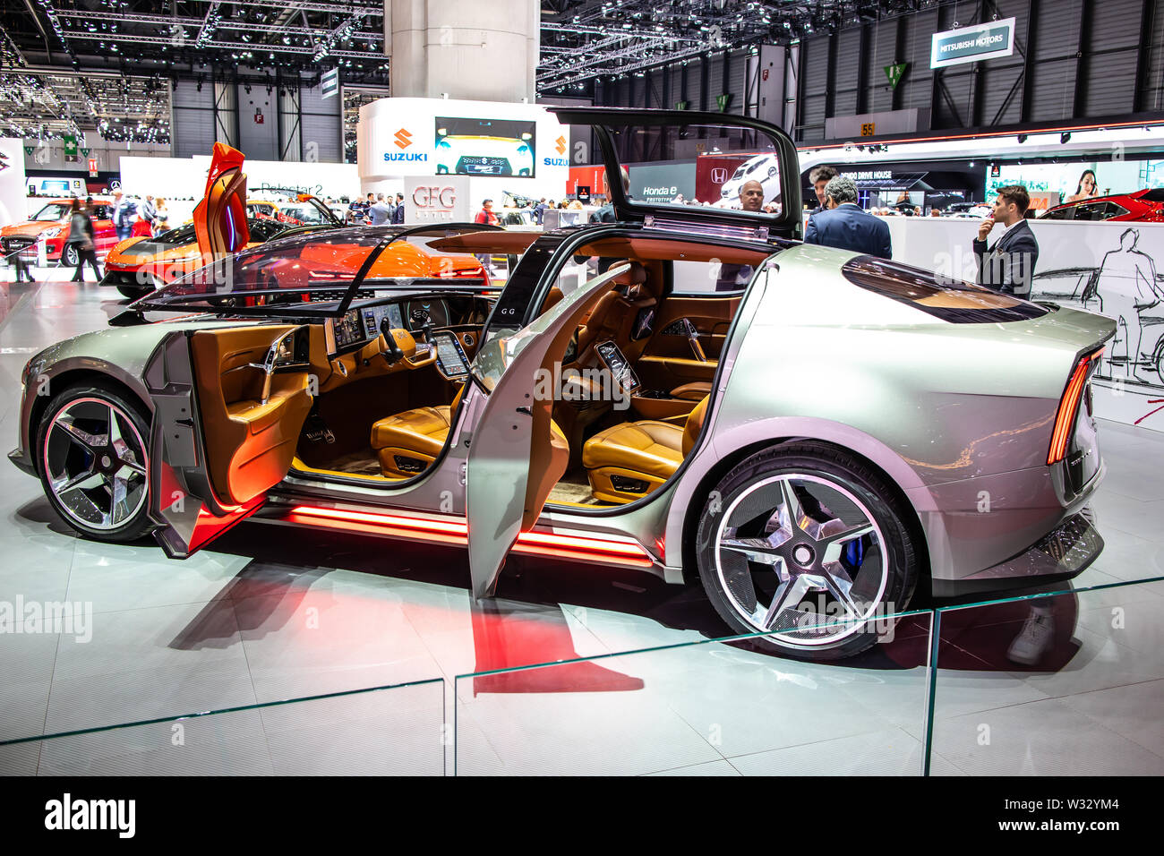 Geneva, March 2019 GFG Sibylla Concept prototype future car, Geneva International Motor Show, smart electric SUV sedan developed with Envision Stock Photo