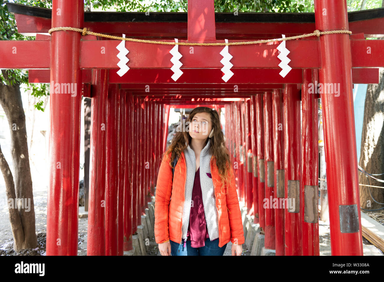 Young woman tourist walking under torii gates at Hanazono shrine temple in Shinjuku, exploring city of Tokyo, Japan Stock Photo
