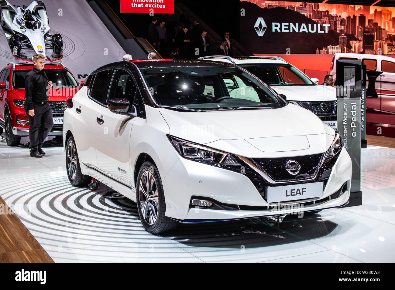 Geneva, Switzerland, March 2019 Nissan Leaf at Geneva International Motor  Show, 2nd gen, compact five-door hatchback electric car by Nissan Stock  Photo - Alamy