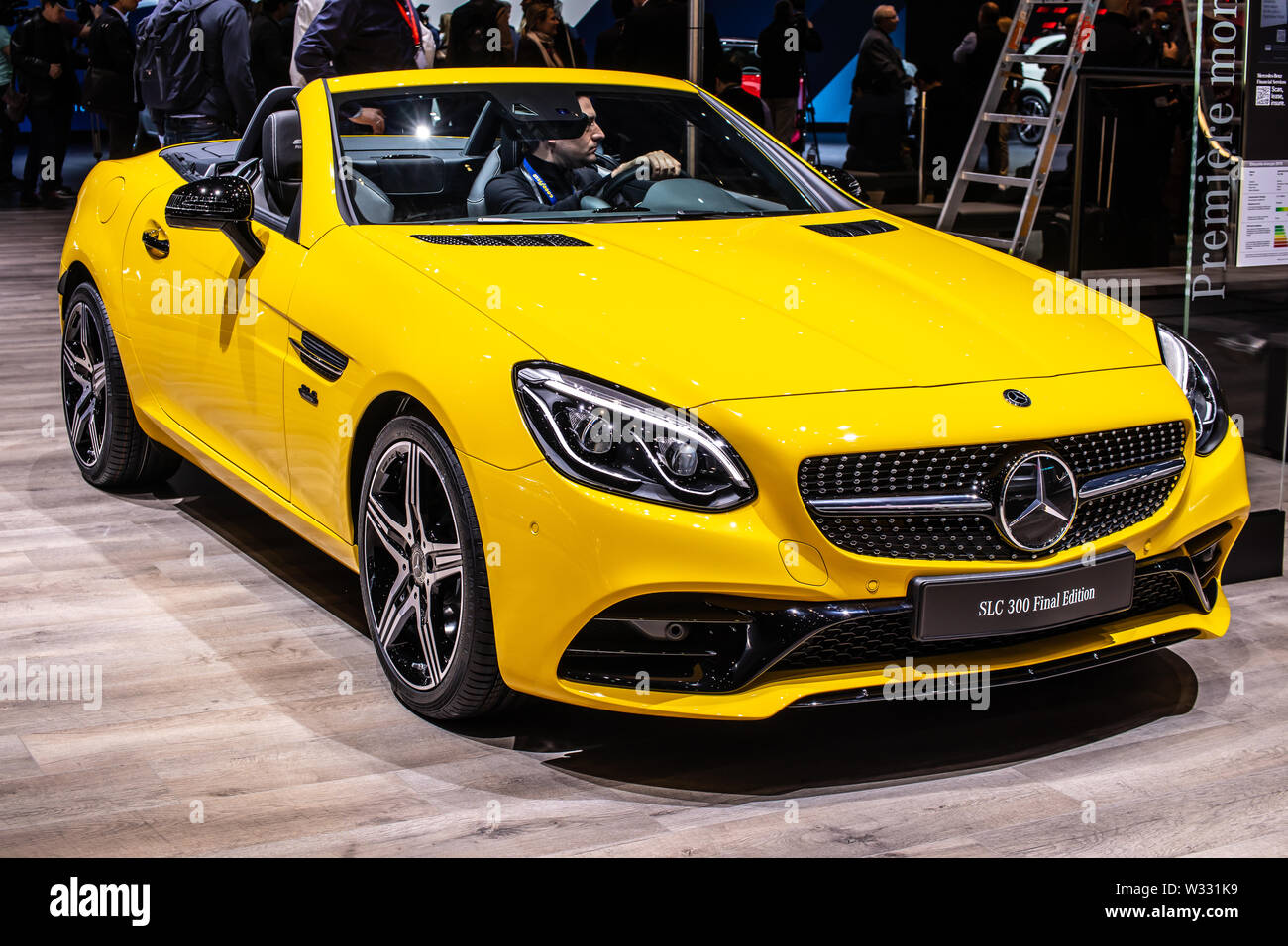 Geneva, Switzerland, Mar 2019 yellow Mercedes SLC 300 "Final Edition",  Geneva International Motor Show, facelift R172, Mercedes Benz luxury  roadster Stock Photo - Alamy