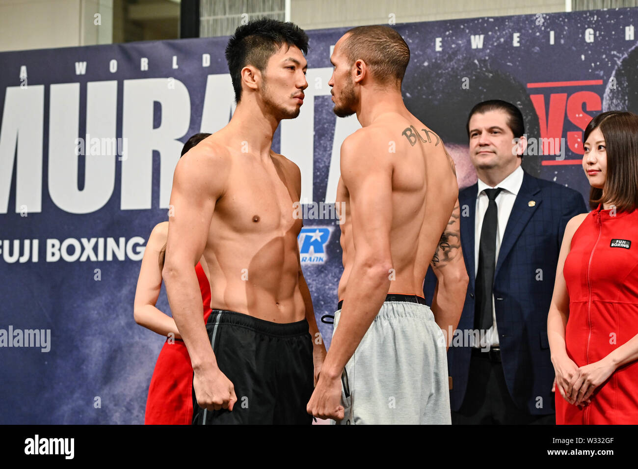 Osaka, Japan. 11th July, 2019. (L-R) Ryota Murata (JPN), Rob Brant (USA)  Boxing : Ryota Murata of Japan and Rob Brant of the United States face off  during the official weigh-in for