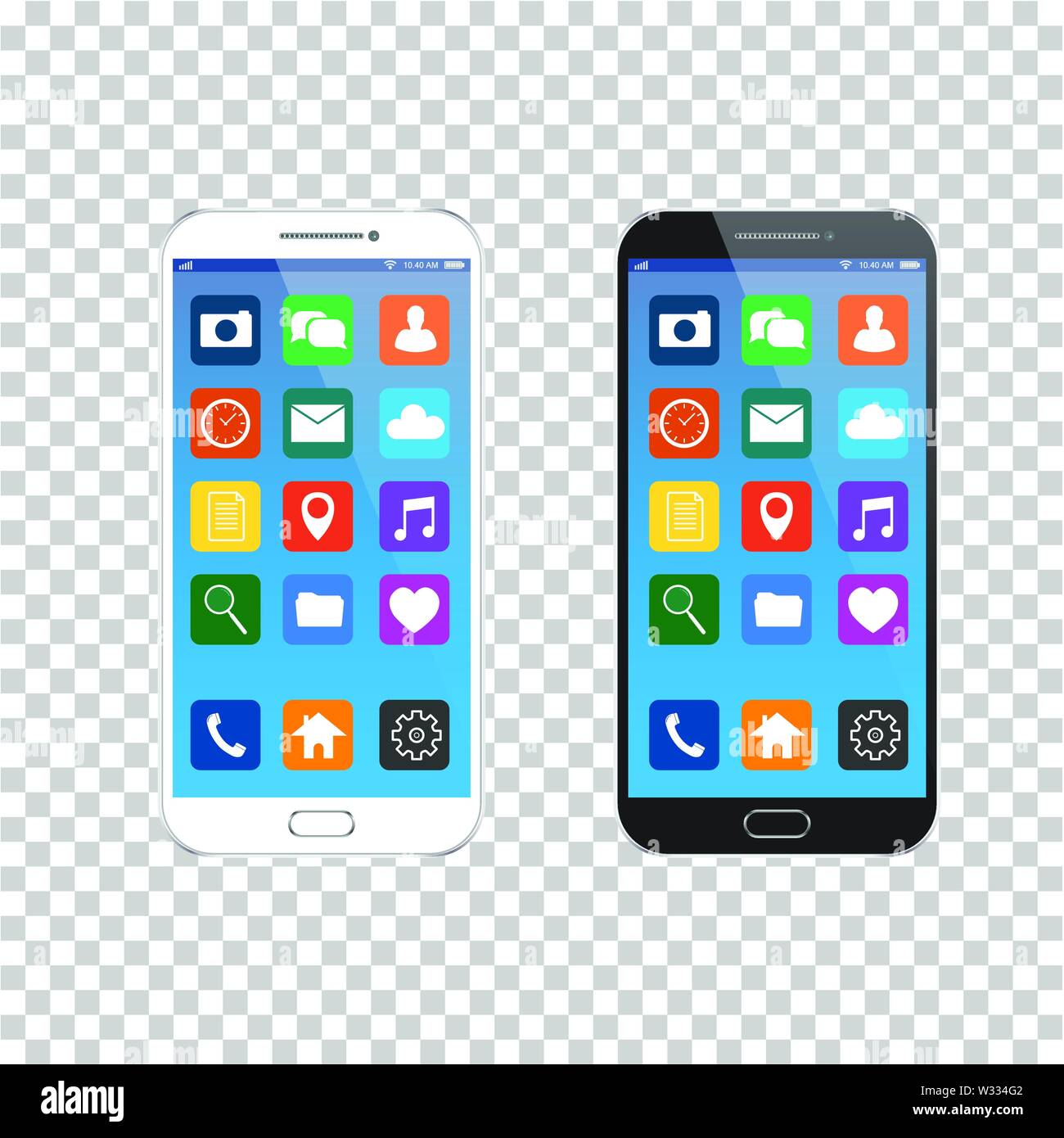 New realistic mobile smart phone black and white modern style. Vector smartphone with UI icons. isolated on transparent background. Stock Vector