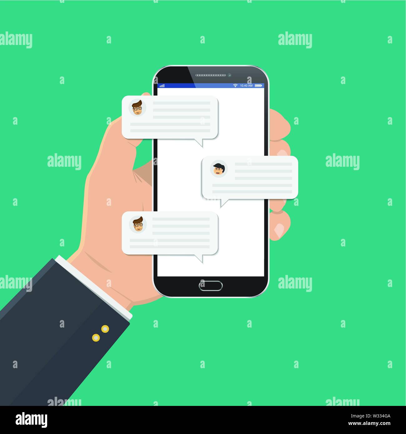 Mobile phone chat message notifications vector illustration isolated on color background, hand with smartphone and chatting bubble speeches, concept o Stock Vector