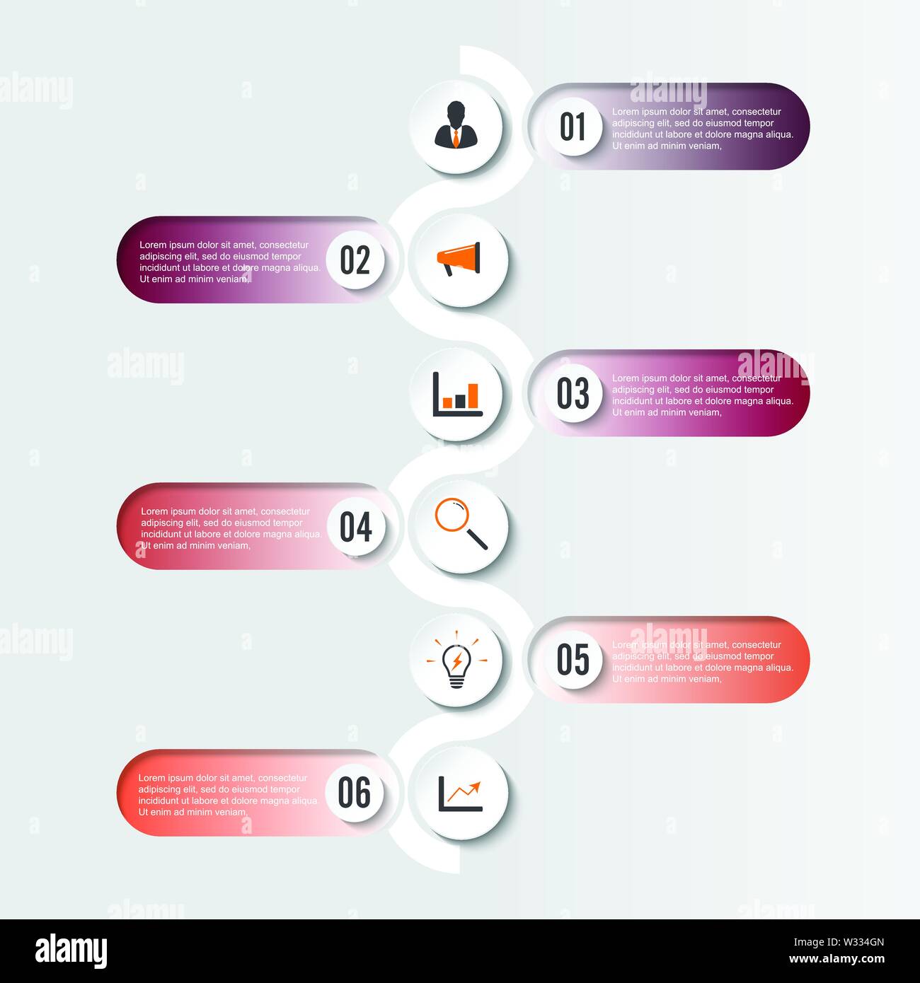 Template Timeline Infographic colored horizontal numbered for six position can be used for workflow, banner, diagram, web design, area chart. Stock Vector