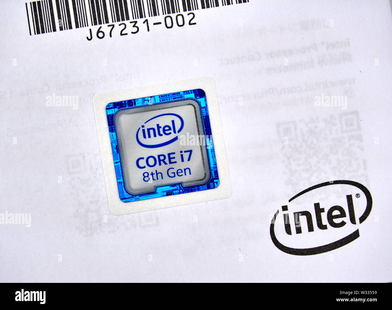 MONTREAL, CANADA - DECEMBER 8, 2018: Intel label logo of i7 8th ...