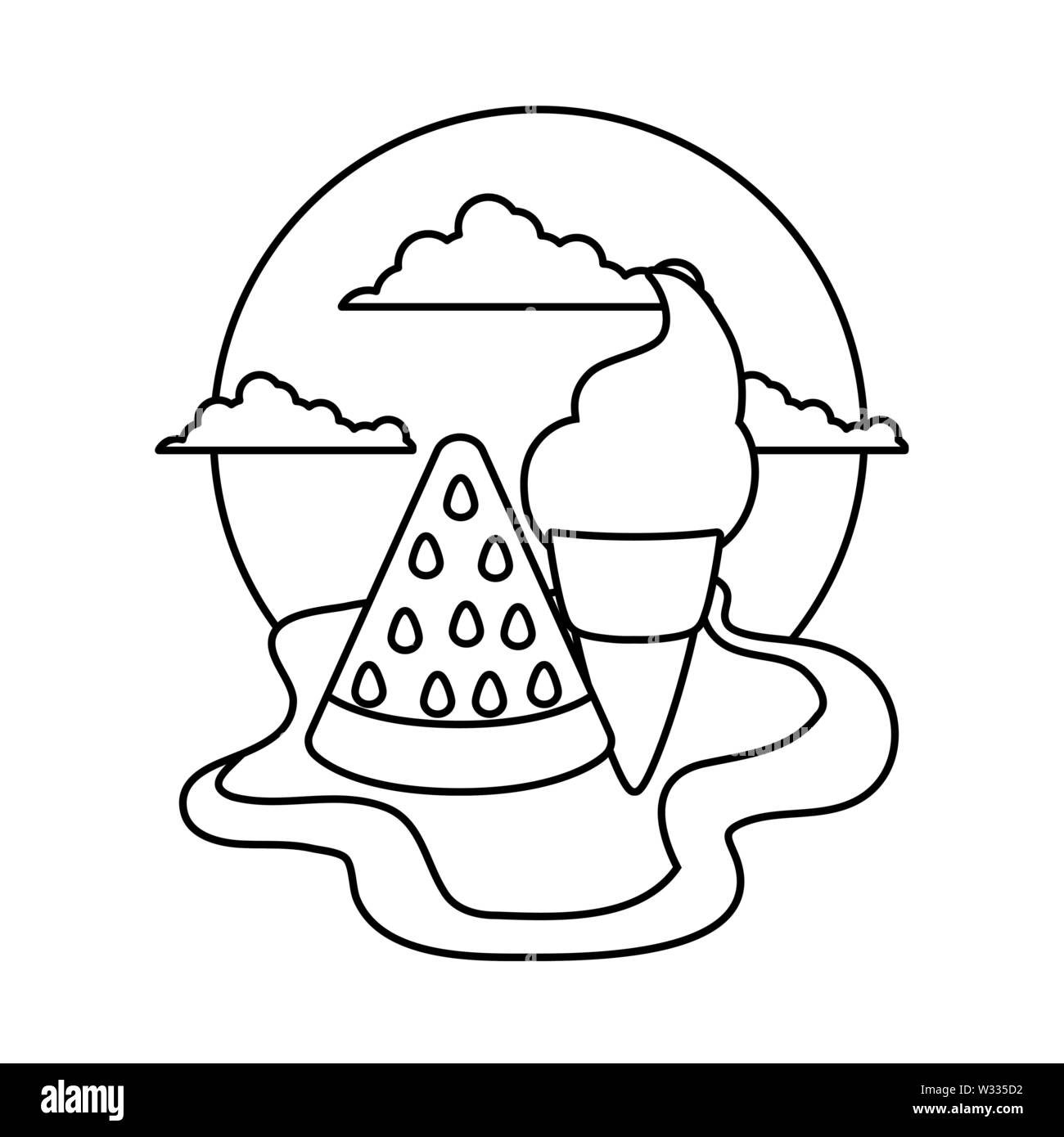 ice cream with watermelon slice in beach vector illustration design ...