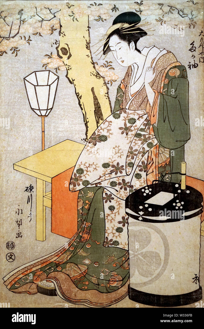 Courtesan Tagasode of Daimonji-ya, by Rekisentei Eiri, woodblock print, Edo period, 18th century Stock Photo