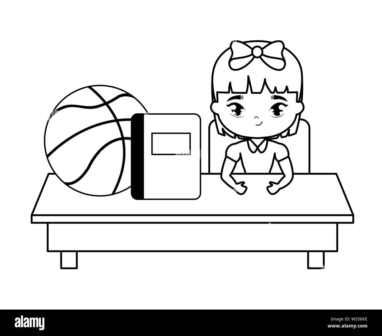 student girl sitting in school desk with supplies education vector ...