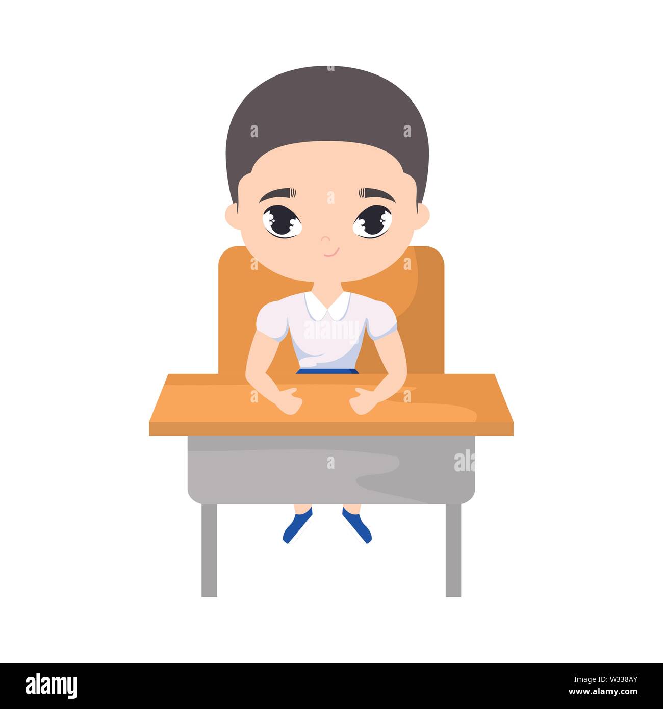 Little Student Boy Sitting In School Desk Vector Illustration
