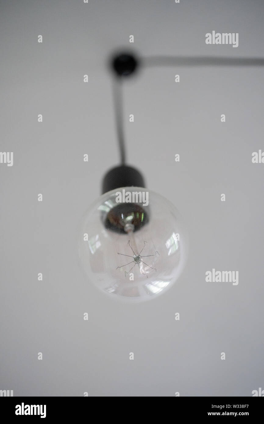 a vintage light bulb hangs from a white ceiling Stock Photo Alamy