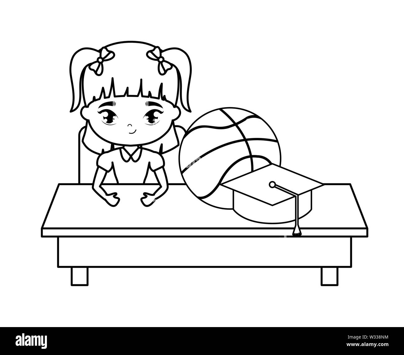 student girl sitting in school desk with supplies education vector ...