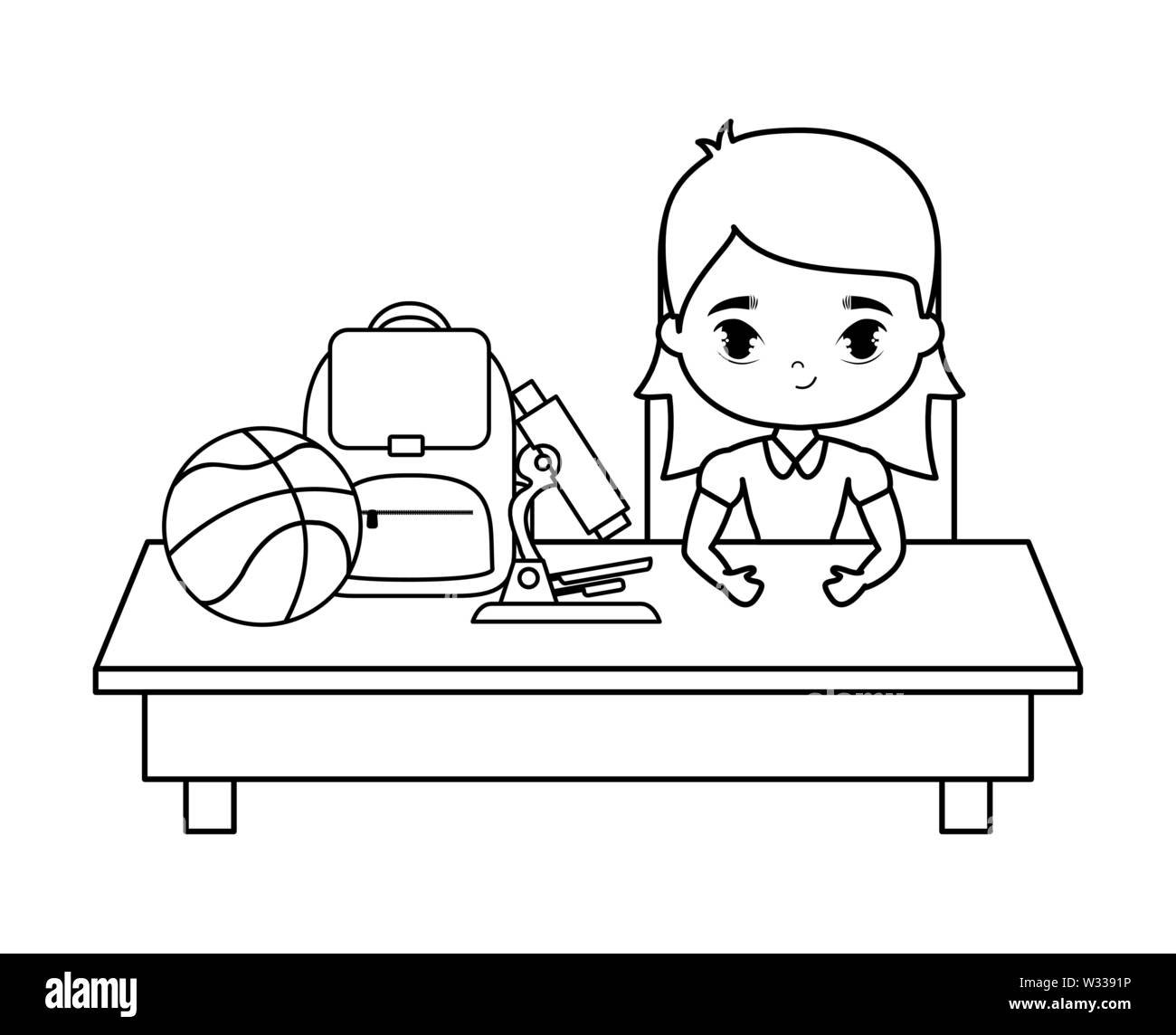 student girl sitting in school desk with supplies education vector ...