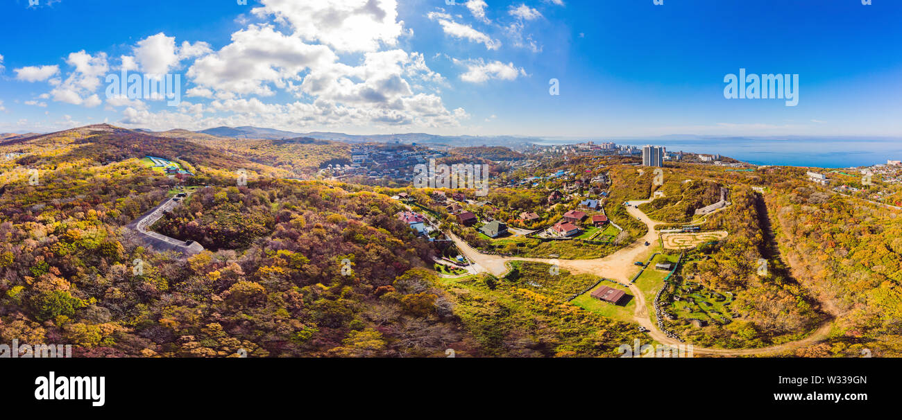 Aerial top down view of autumn forest with green and yellow trees. Mixed deciduous and coniferous forest. Beautiful fall scenery Stock Photo