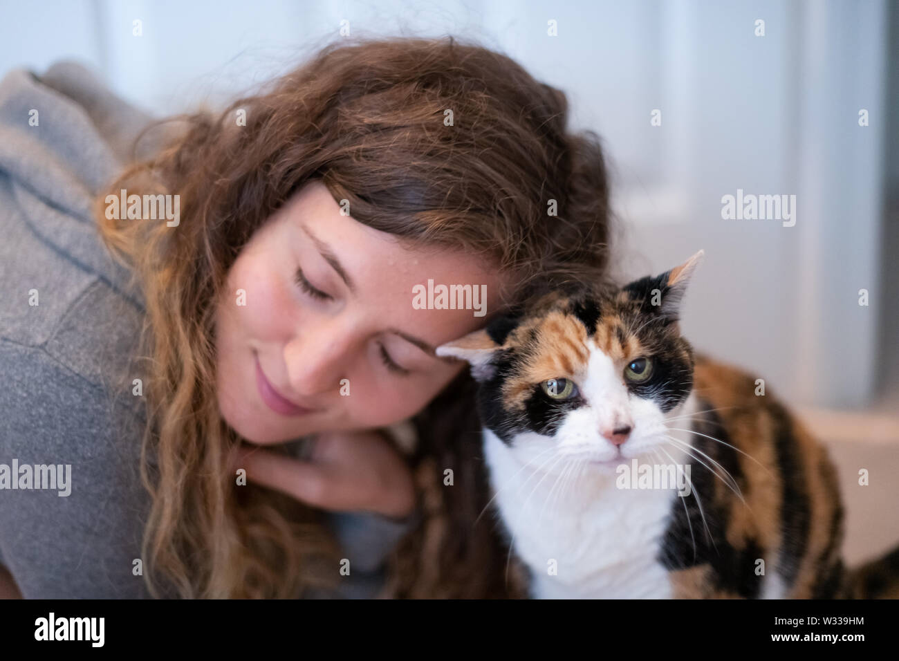 Closeup portrait of happy smiling young woman bonding with calico cat pet companion, bumping rubbing bunting heads, friends showing affection Stock Photo