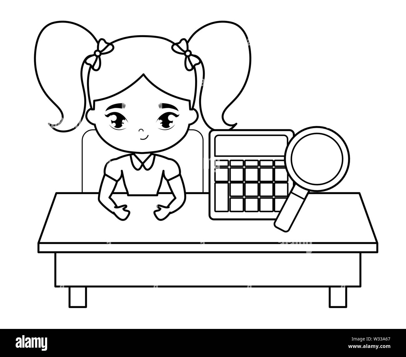 student girl sitting in school desk with supplies education vector ...