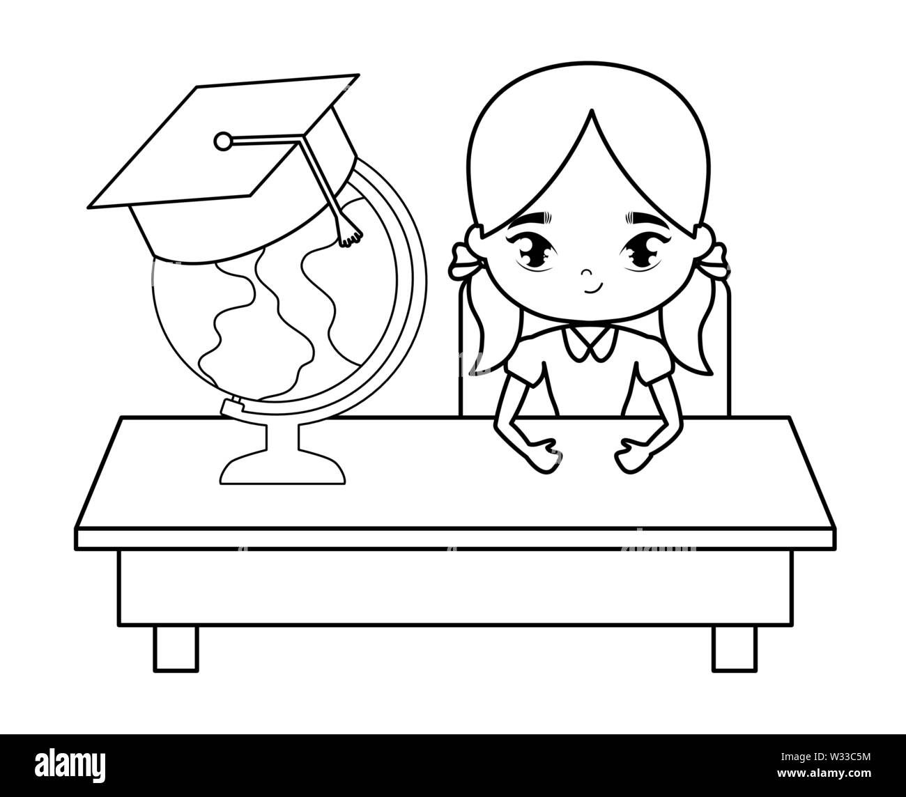 student girl sitting in school desk with supplies education vector ...
