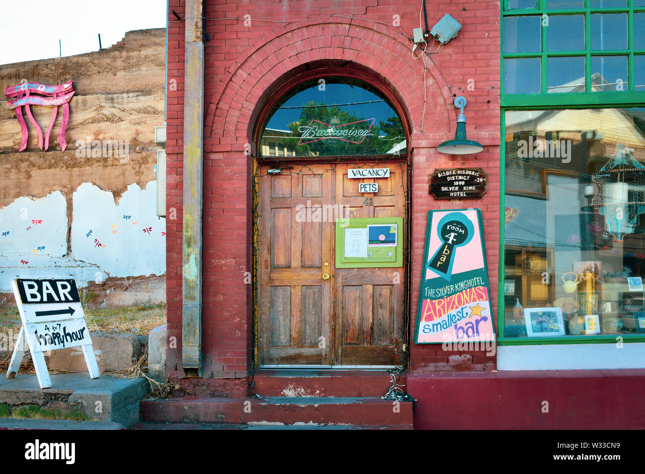 The smallest bar in Arizona, the bar at the Silver King Hotel, located in the Brewery Gulch district in the old mining town of Bisbee, AZ, USA Stock Photo
