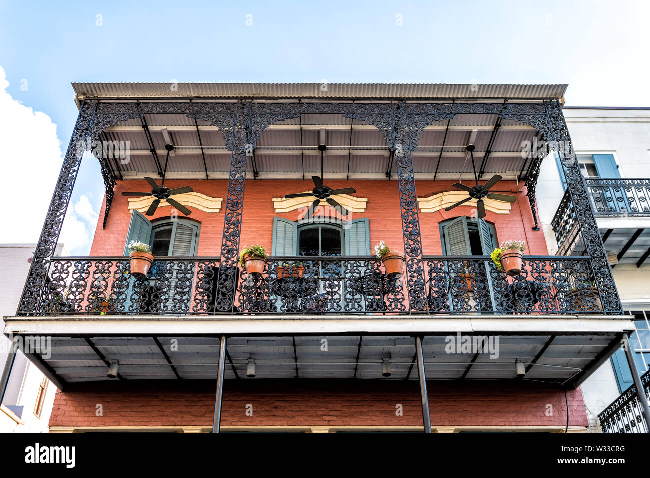New Orleans, USA French quarter with wrought cast iron balcony of ...