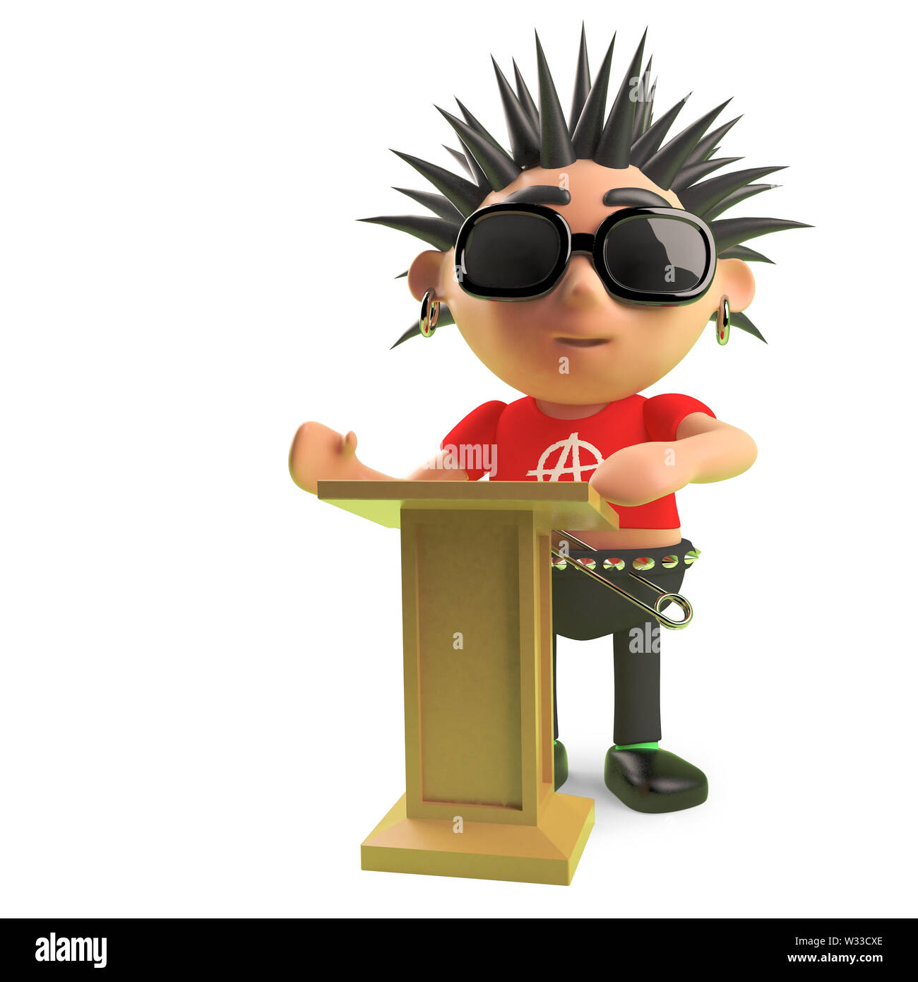 Clever punk rock character with spikey hair lectures from the lectern ...