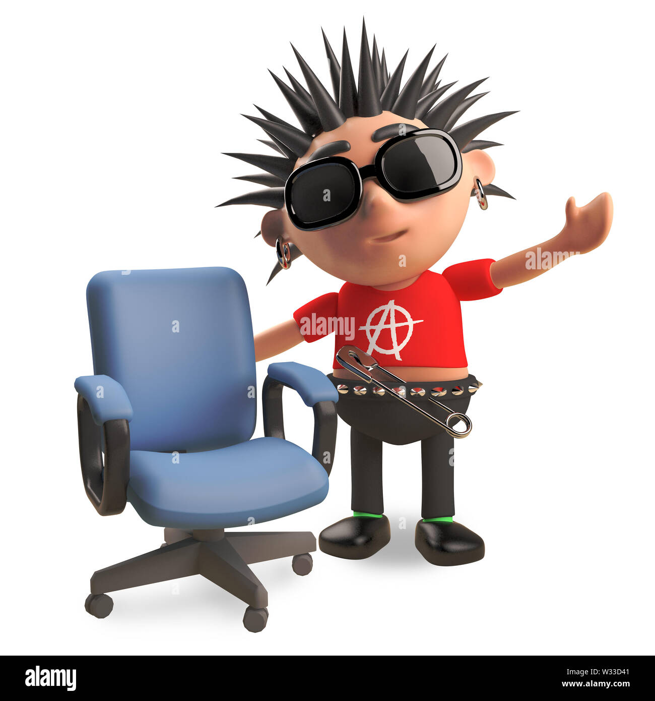 Friendly punk rocker with spikey hair has a vacant office chair, 3d ...