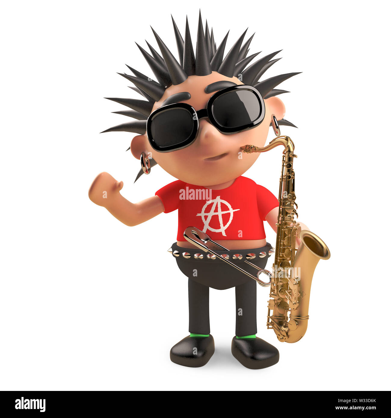 Musical punk rocker with spikey hair goes jazz with a saxophone, 3d ...