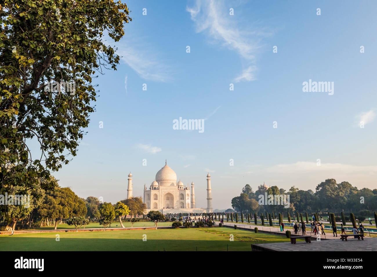 The Taj Mahal in the early morning as seen from an angle off to the side. Agra, Uttar Pradesh,  India. Stock Photo