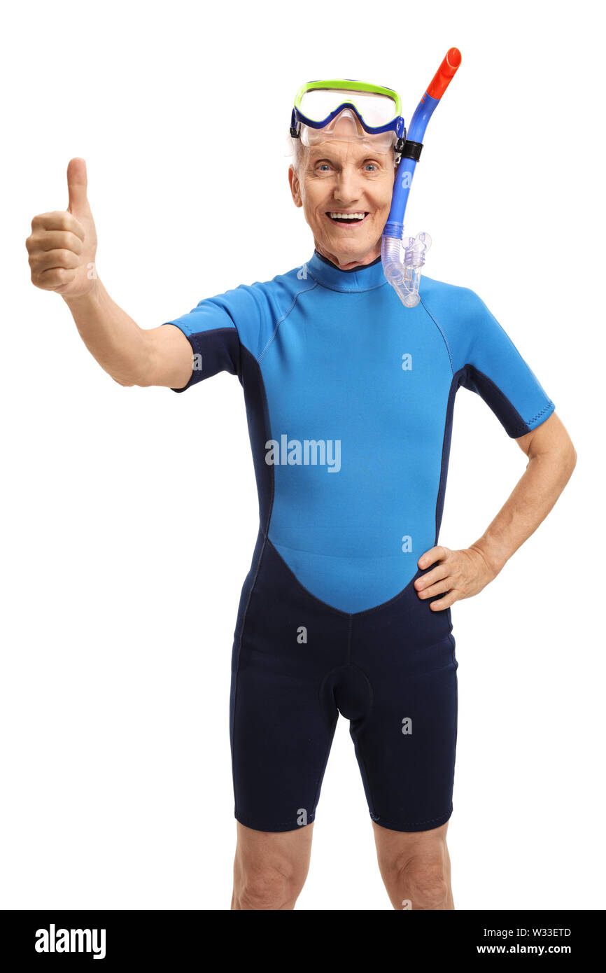 Portrait of an elderly man in a wetsuit and a diving mask showing thumbs up isolated on white background Stock Photo