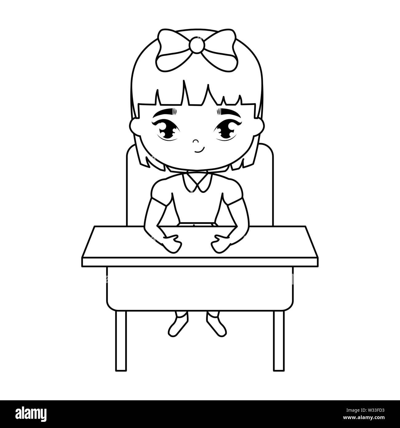 little student girl sitting in school desk vector illustration design ...
