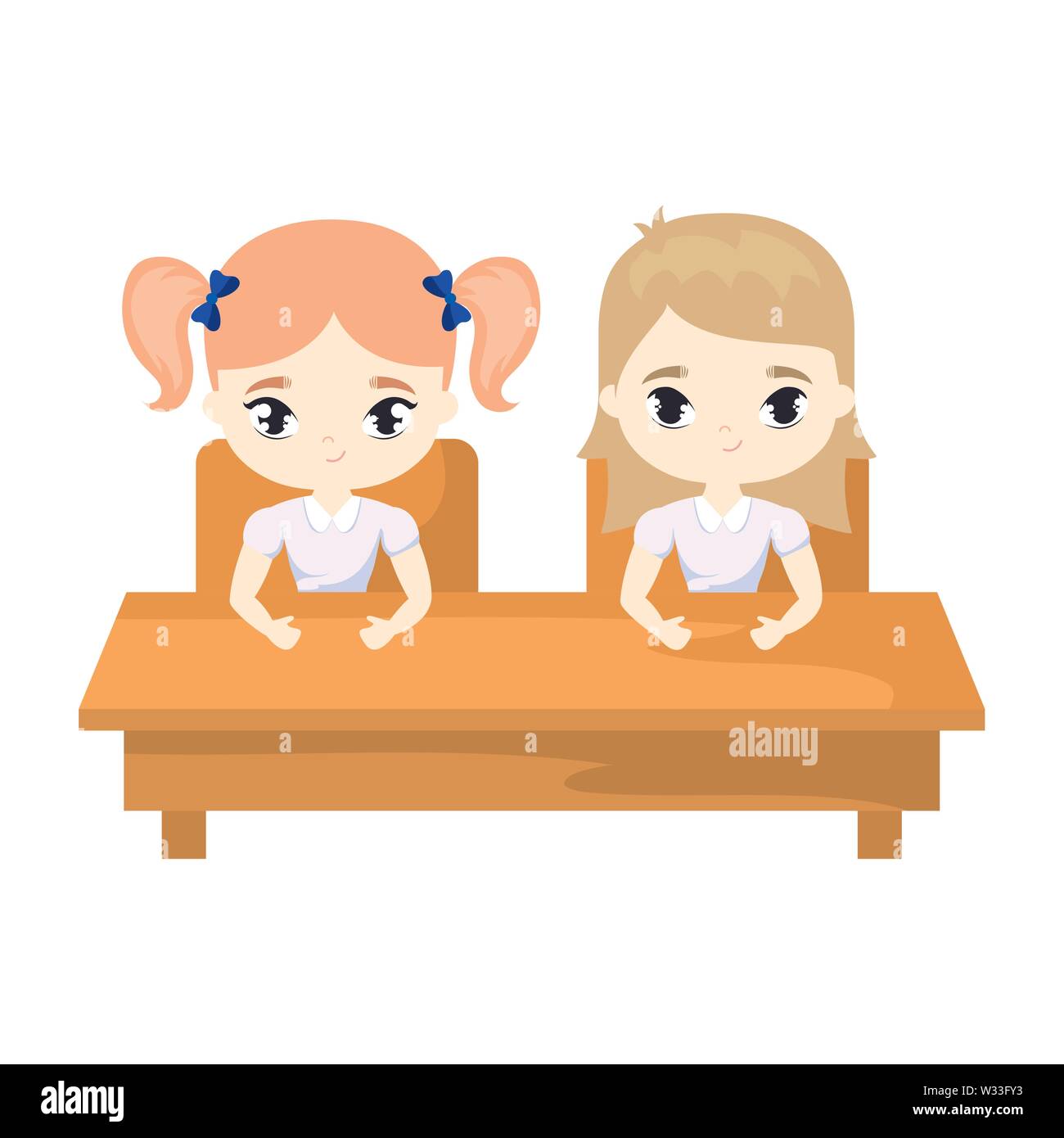 Little Student Girls Seated In School Desk Vector Illustration