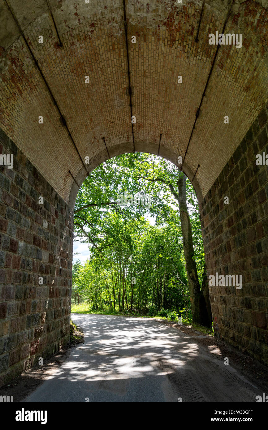 Asphalt road leading through a stone tunnel. A short tunnel in a wooded