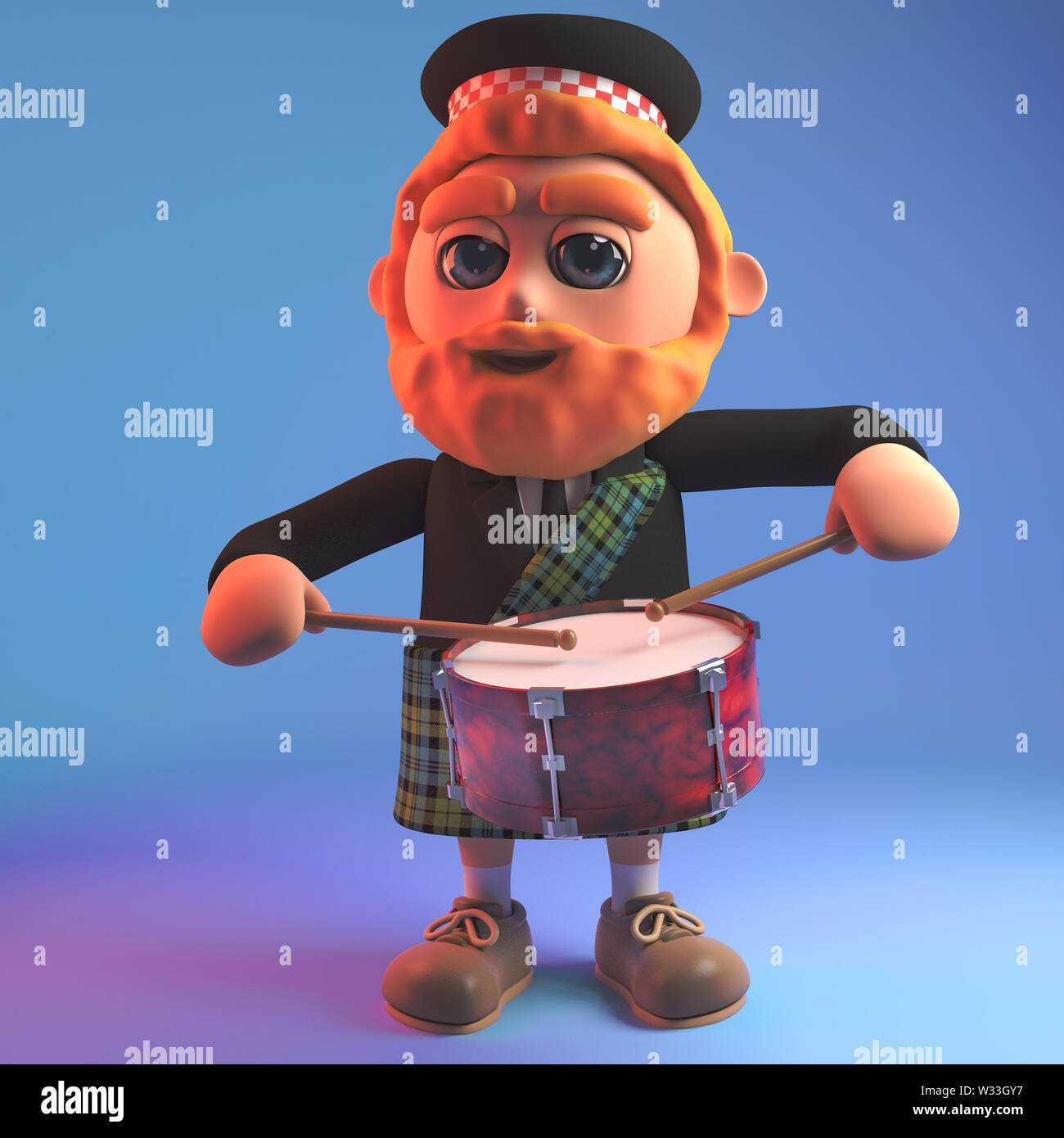 Musical Scottish man in traditional kilt does a drum roll on his