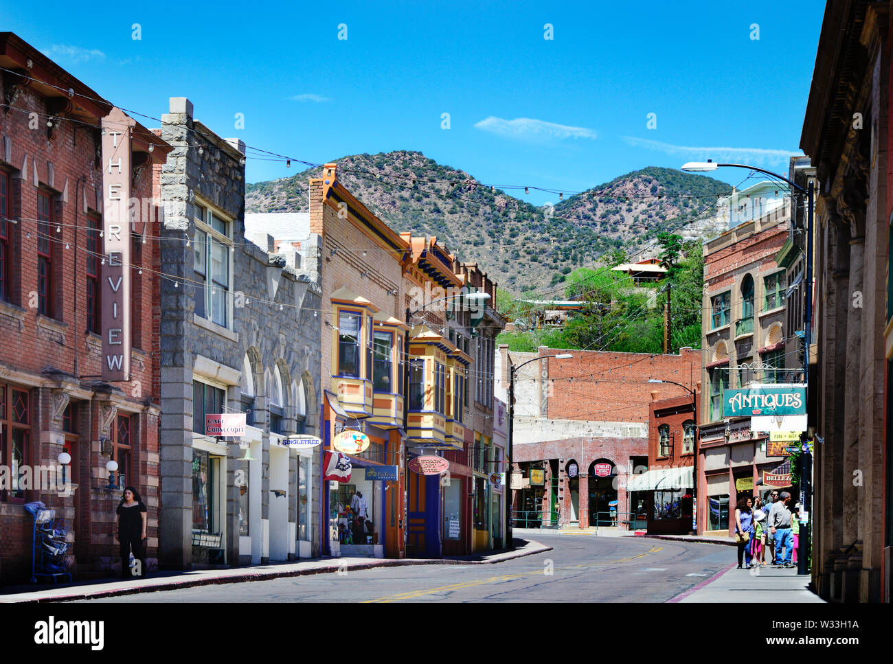 People enjoy the sites, the cafes, and shopping, in the histoic old mining town in classic small town America, Bisbee, AZ, USA Stock Photo