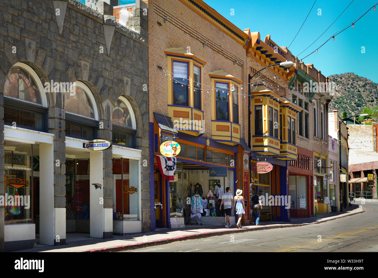 People enjoy the sites, the cafes, and shopping, in the histoic old mining town in classic small town America, Bisbee, AZ, USA Stock Photo