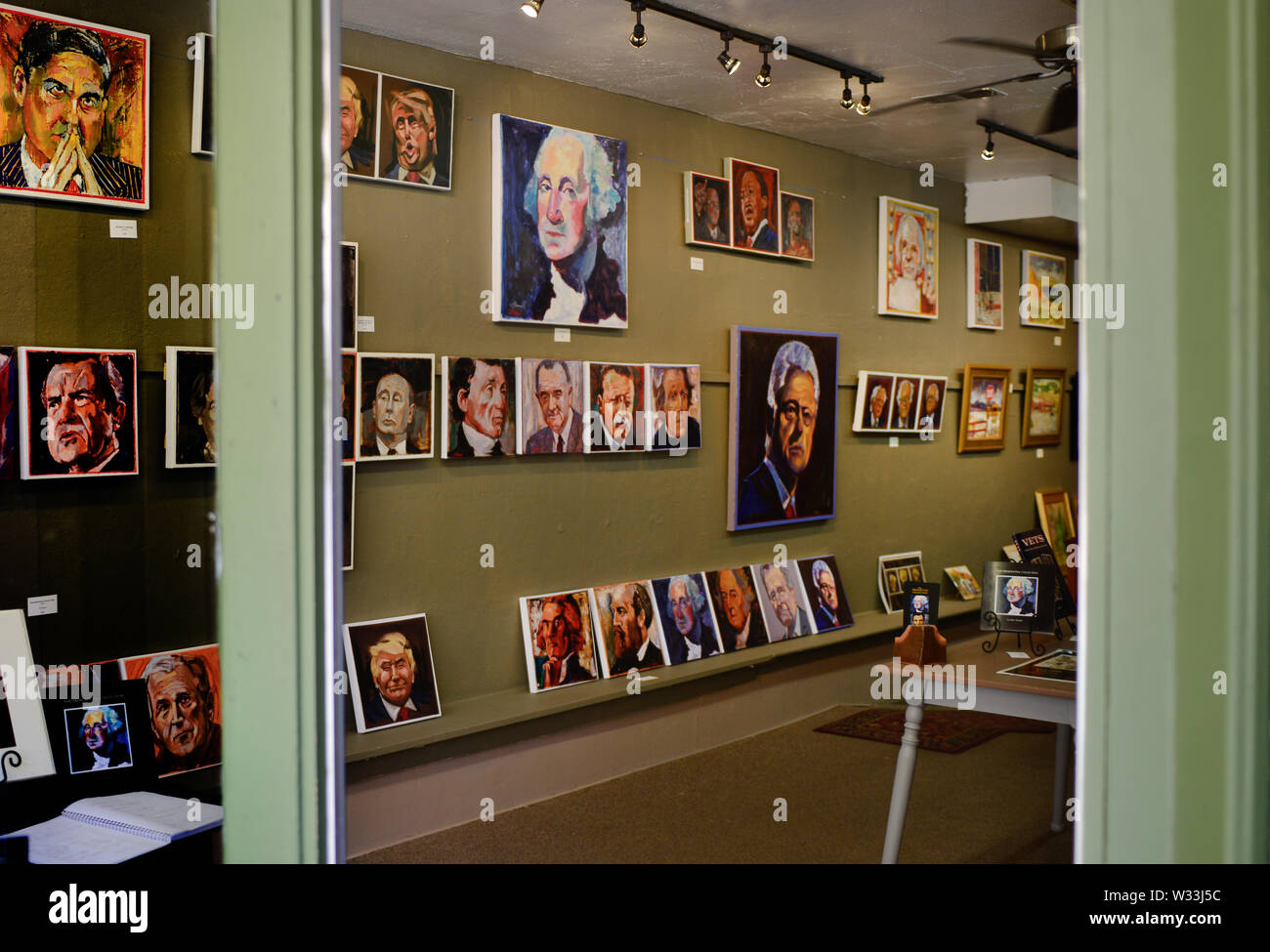 A peek inside the entrance to the JF Thamm Gallery, with his original art collection of Presidents and other politico portraits in the old mining  tow Stock Photo