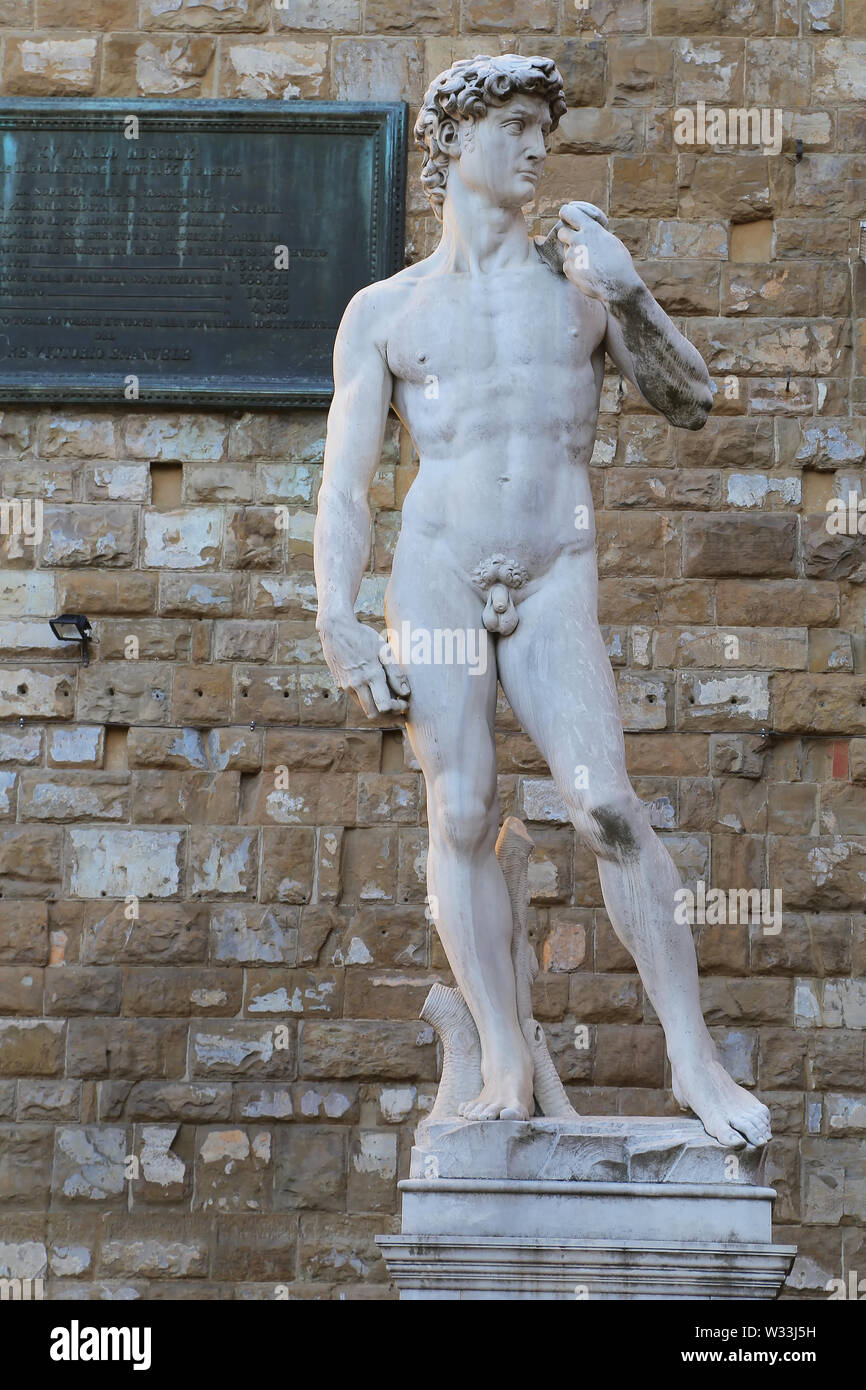 FLORENCE, ITALY - AUGUST 27, 2018: Copy of Michelangelo David statue in Florence with shadow its, Piazza della Signoria, Florence. Stock Photo