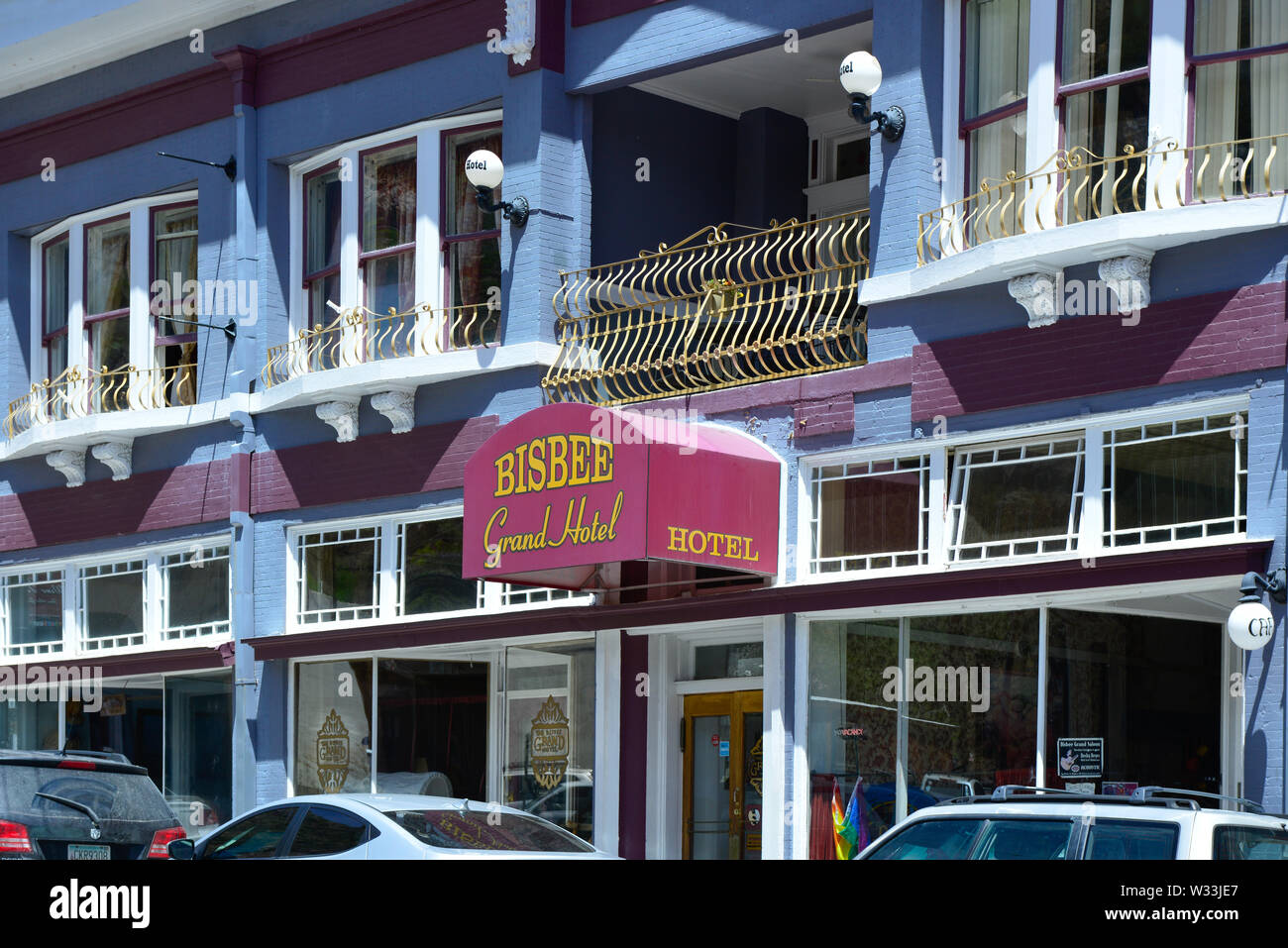 Colorful and Quaint, Victorian Old West style, the historic Bisbee Grand Hotel, opened in 1906, and remains popular today in small town America, Bisbe Stock Photo