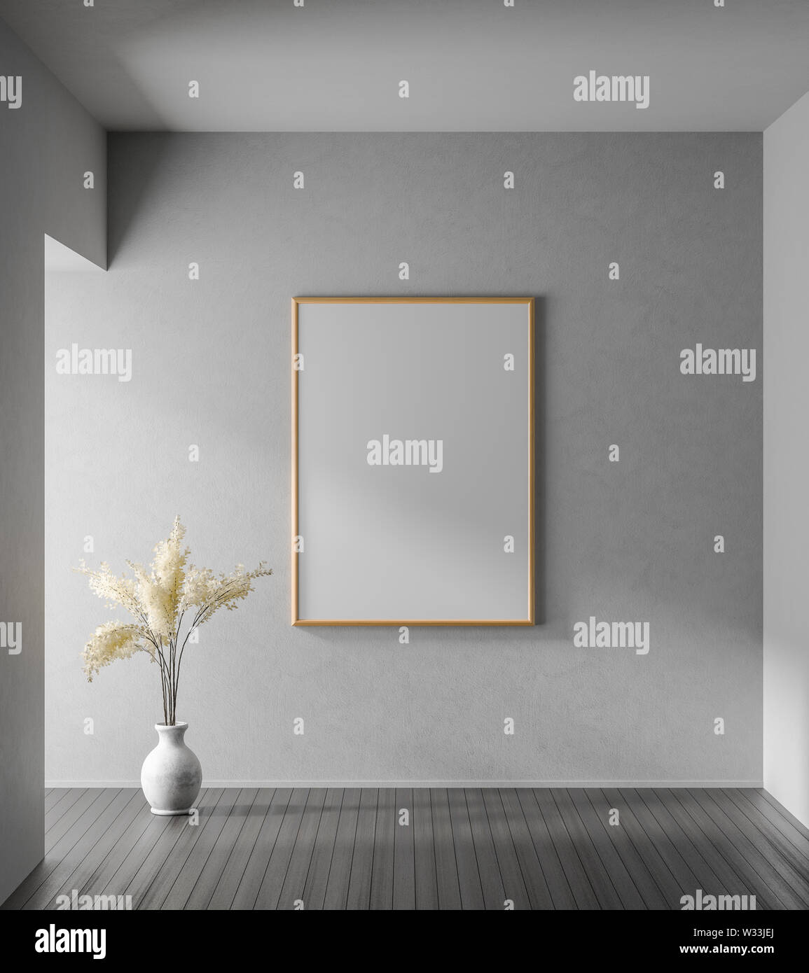 Mock up poster frame in modern interior with concrete walls. Minimalist room design. 3D illustration. Stock Photo