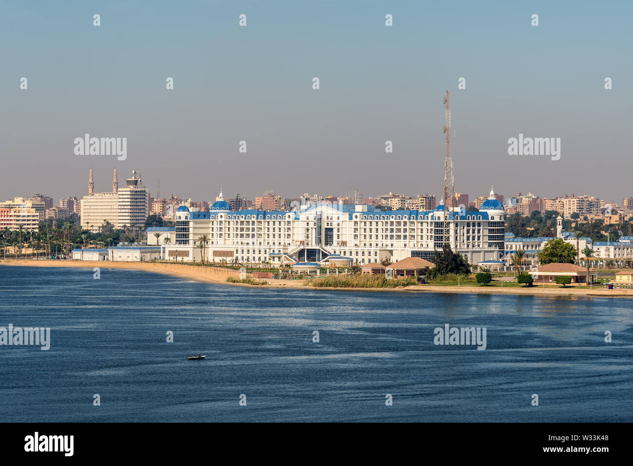 Ismailia, Egypt - November 5, 2017: Tolip El Forsan Hotel on the Lake Timsah lies along the path of the Suez canal, Ismailia, Egypt, Africa. Stock Photo
