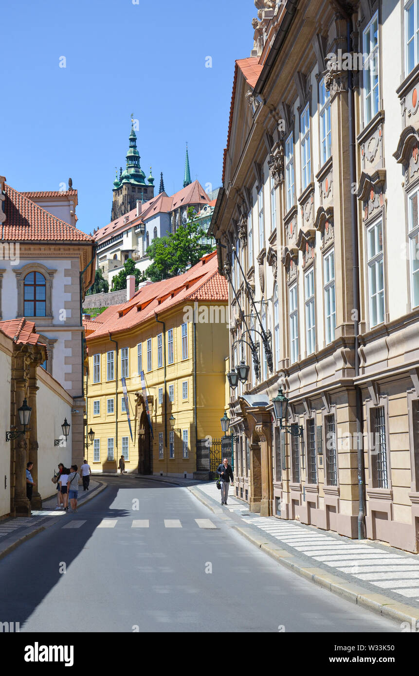 Prague, Czech Republic - June 27th 2019: Beautiful streets in Mala Strana, Lesser Town of Prague. Historical center of the Czech capital. Prague Castle in background. Amazing cities, Europe. Stock Photo